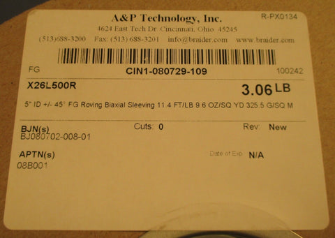 A&P Technology, Inc. X26L500R 5" ID +/- 45°F G Roving Biaxial Sleeving New