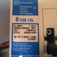 Cutler Hammer FDB3015L Ser C FDB 14K 15A Circuit Breaker w/ Aux Switch Used