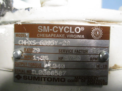 SUMITOMO SM-CYCLO SPEED REDUCER GEARBOX RATIO 29:1 RPM 1750 CNHXS-6100Y-29