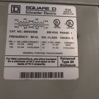 SQUARE D 500SV43B GENERAL PURPOSE TRANSMFORMER .500KVA, 1PH, 60 Hz 130DEG. C