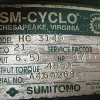 Sumitomo SMCyclo HC3140 Speed Reducer 21:1 6.51 HP 1750 RPM 17/8" Shaft Dia