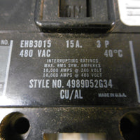 Westinghouse EHB EHB3015 15A Amp 3P Pole 480V Vac Circuit Breaker