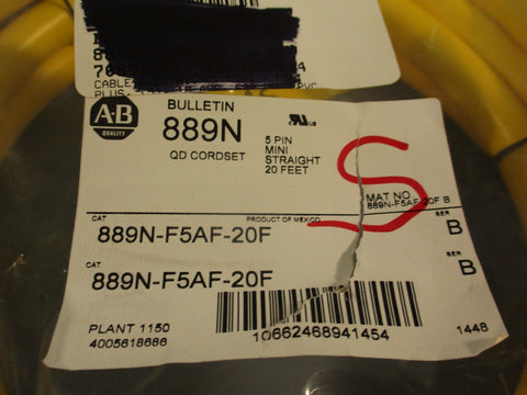 AllenBradley 889NF5AF20F 5 Pin Mini Straight 20' Ft CordSet QD Cable Series B