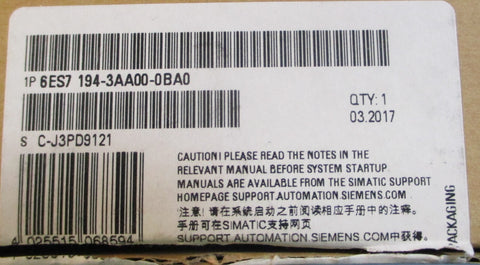 Siemens Simatic ET200 6ES71943AA000BA0 Terminal Block M127/8" 24VDC