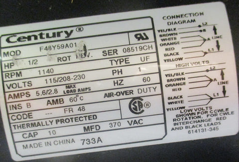 Century Heated Unit Electric Motor 1140rpm 60Hz