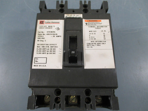 Cutler-Hammer HFB3020L 20AMP 3 Pole 600 VAC Circuit Breaker - Used