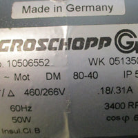 Groschopp WK 0513501 Gear Motor 3400RPM .18/.31A 50W 460/266V 5/16" Shaft Dia.