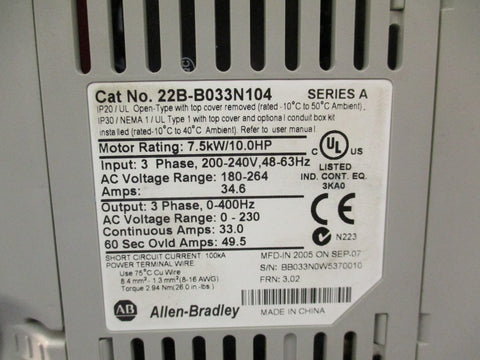 ALLEN BRADLEY 22B-B033N104 /SERIES A POWERFLEX 40 AC DRIVE 7.5kW/10HP/3 PHASE