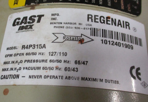 Gast Regenair R4P315A Regenerative Blower 127 CFM w/ Baldor 3 Ph, 1.5 HP Parts