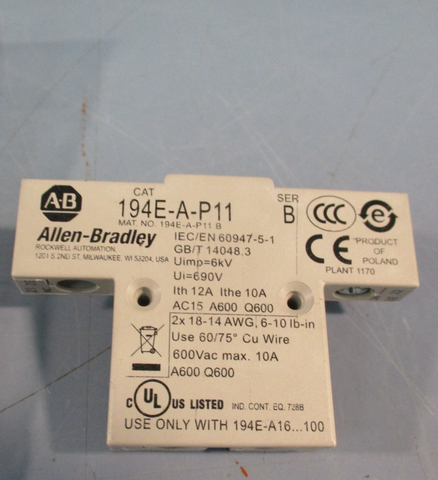 Lot of (6) AllenBradley 194EAP11 Ser. B Auxiliary Contact Base Mount