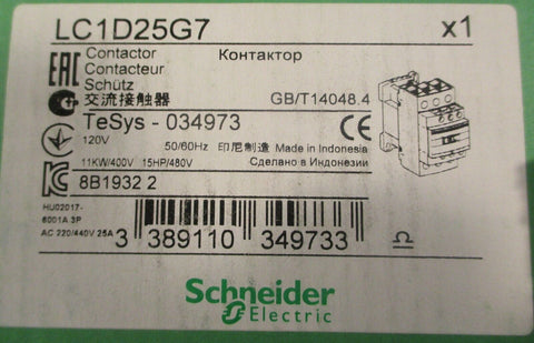 Schneider Electric LC1D25G7 Contactor TeSys - 034973 120V 50/60Hz