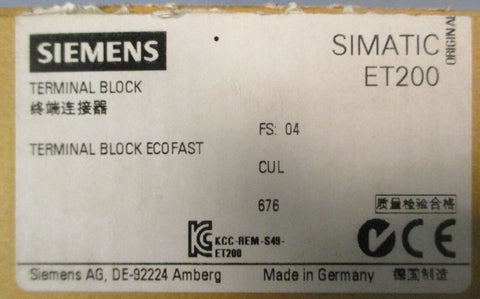 Siemens Simatic ET200 6ES7 194-3AA00-0AA0 Teminal Block w/ 6ES7 194-1KB00-0XA0