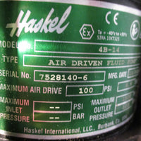 Haskel 4B-14 Air Driven Fluid Pump 100psi Max Air Drive 1500psi Max Out Pressure