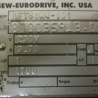 Sew Eurodrive DFT80N4-101 3 Phase Motor 1 HP 1700 RPM 230 V 1/2" Shaft Dia