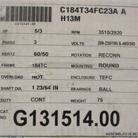 Leeson G131514.00 Electric Motor C184T34FC23AA 5/3HP 3.7/2.224KW 123/64" Shaft