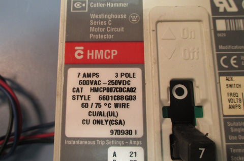 Cutler Hammer HMCP007C0CA02 Ser C 7 A, 3 Pole Circuit Breaker w/ Aux Switch Used