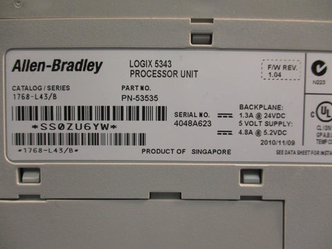 Allen Bradley Logix 5343 Processor Unit 1768-L43/B  F/W REV. 1.04 PN-53535