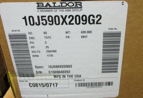 Baldor 10J590X209G2 Super E 25 HP Motor 3 Ph 230/460 Volt, 1770 RPM