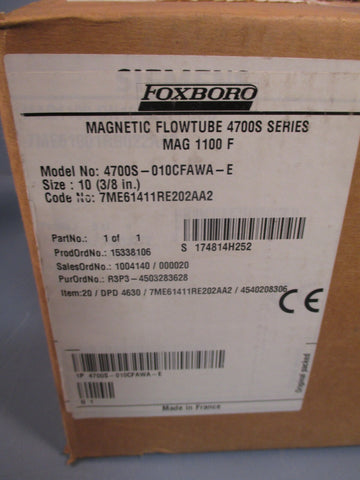 Foxboro Magnetic Flowtube 4700S Series Size:10 Mag 1100 F 4700S-010CFAWA-E