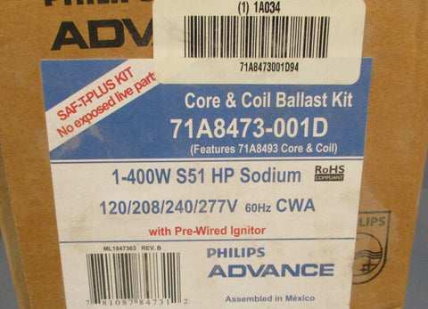 Philips Advance 71A8473-001D Core & Coil Ballast Kit 1-400W S51 HP Sodium