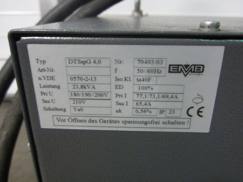 EMB 23,8 kVA Transformer Typ DTSspG 4,0 180/190/300V Primary 210 V Secondary Ya0