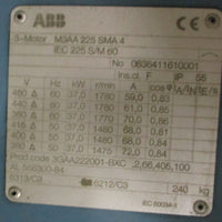 ABB M3AA 225 SMA 4 3PH Motor 37.0kW 1780RPM 50/60HZ IP 55 23/8" Shaft Dia