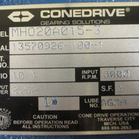 Cone Drive MHO20A015-3 Gear Reducer 10:1 Ratio, 2.52 HP, 3000 RPM Input New