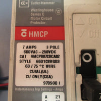 Cutler Hammer HMCP007C0CA02 Ser C 7 A, 3 Pole Circuit Breaker w/ Aux Switch Used