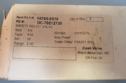 Cash Valve 041600016 A16 1/4" Safety Relief Valve 250PSI Max, 16 PSI Set NIB