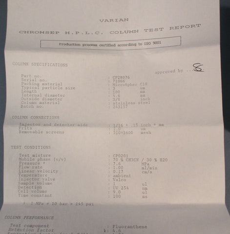 Varian CP28076 ChromSep HPLC Column SS 100 x 4.6 mm Microspher C18