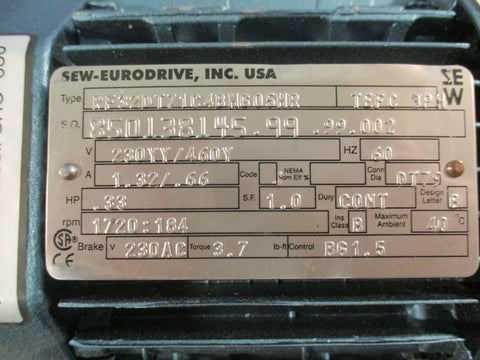 Sew-Eurodrive RF32DT71C4BM605HR Motor 20mm Shaft Dia 60Hz 0.33HP 1720:184 RPM