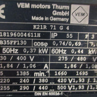 VEM Motors Thurm GmbH K21R 71 G 4 Electric Motor 3 Phase .37/.45kW 14mm Shaft Di