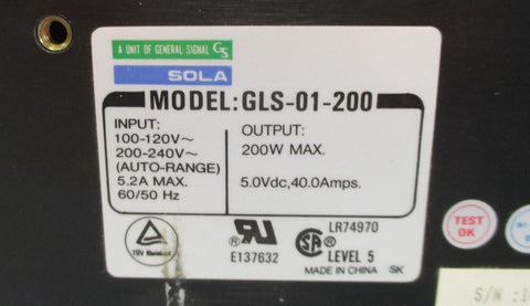 Sola GLS-01-200 Power Supply 200W Max Output 5Vdc @ 40A NWOB