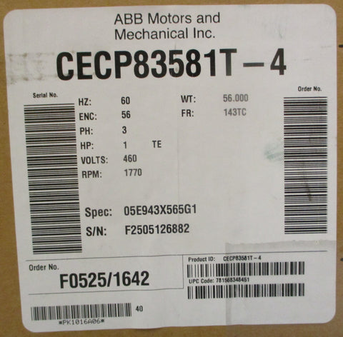 Baldor Reliance CECP83581T-4 Severe Duty 841XL Motor 1HP 1770RPM 7/8" Shaft Dia