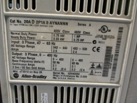 ALLEN BRADLEY POWERFLEX 70 VARIABLE FREQUENCY DRIVE SER A 20AD2P1A0AYNANNN
