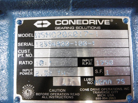 Cone Drive 10:1 MSH020A017-1  1" Output Gear Reducer