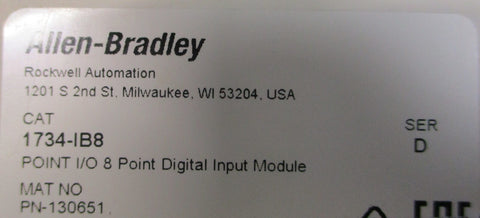 Allen Bradley 1734-IB8 Ser D Point I/O Digital Input Module 130651 24VDC, 5mA In