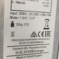 Siemens 6SL32101PB155UL0 Frequency Converter 1.1kW 200240V