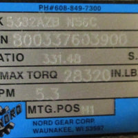 Nord Gear 5382AZB N56C 331.48:1 Ratio Gear Reducer 28320 In Lb 5.3 RPM New