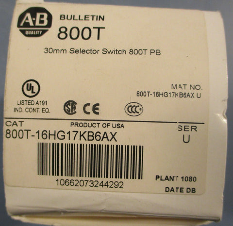 Allen Bradley 800T16HG17KB6AX Ser U 30mm Selector Switch 800T PB 120V 0.9/1.6W