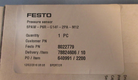 Festo SPAW-P6R-G14F-2PA-M12 Pressure Sensor Gauge 8022779 0-6 Bar NIB