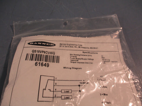 Banner QS18VP6CV45Q8, 10-30VDC, Photoelectric Sensor; 61649