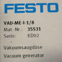Festo VADMEI1/8 Vacuum Generator 35531 KD02 1.4mm Nozzle 1.58 Bar Sealed