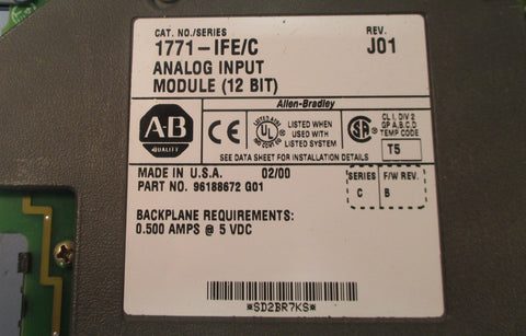 Allen Bradley 1771IFE/C Rev. J01 Analog Input Module (12 Bit) Series C