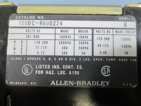 Allen Bradley 700DCR600Z24 Ser. B Type R Electrically Held Relay  Used
