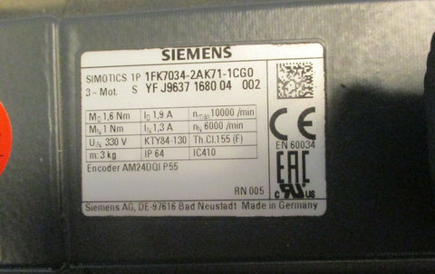 Siemens 1P 1FK7034-2AK71-1CG0 3 Phase Motor Simotics w/ AM24DQIP55 Encoder NWOB