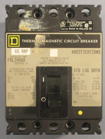 Square D FAL34060 Thermal-Magnetic Circuit Breaker 60 Amp 480VAC 250VDC Series 2