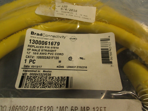 Brad Connectivity 1300061679 12" 16/6 PVC Cord 6 Pin Quick Connect Cord