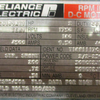 Reliance Electric T18R1117CYX RPM III DC Motor DC0189ATY 2HP 7/8" Shaft Dia