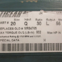 Dodge Tigear MR94765 Gear Reducer 30:1 Ratio 802LB-IN 0.99HP 1750RPM